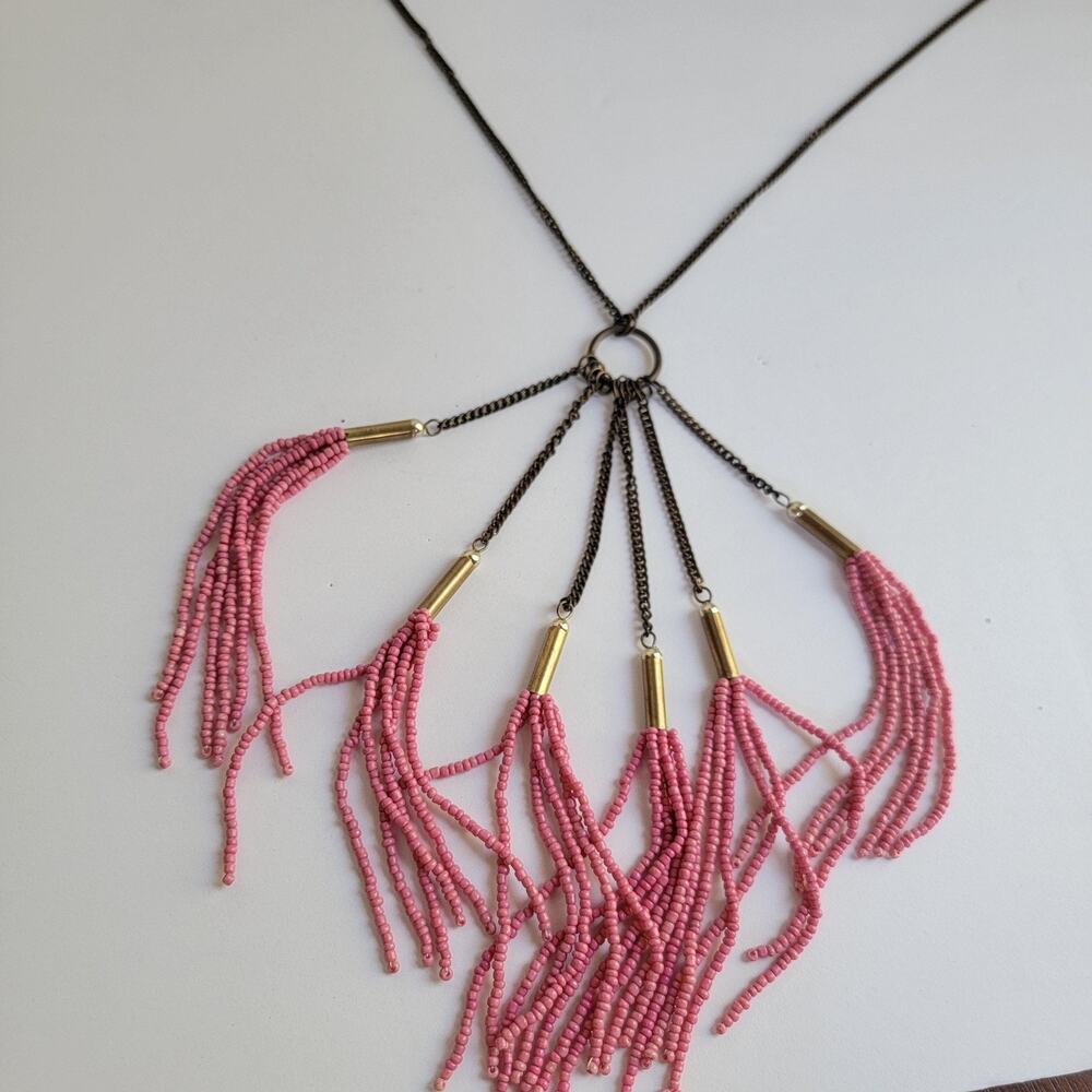 Pink Beaded Fringe Necklace Tassel Statement Long Chain Lobster Clasp 34 In